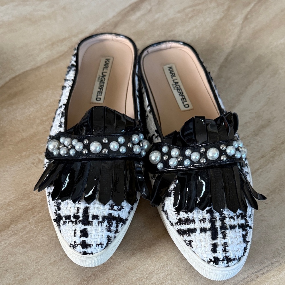 Karl Lagerfeld Tweed and Leather Pearl Embellished Flats
